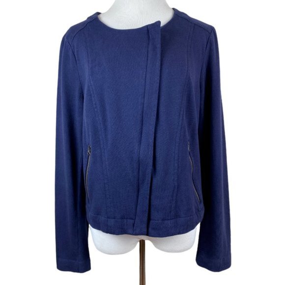 Ann Taylor Loft Jacket Large Navy Blue Off Center Full Zip‎ Pockets Cotton - Picture 1 of 9